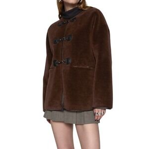 Rebecca‎ Minkoff Shearling Toggle Jacket Brown Faux Suede Trim Quiet Luxury NWT